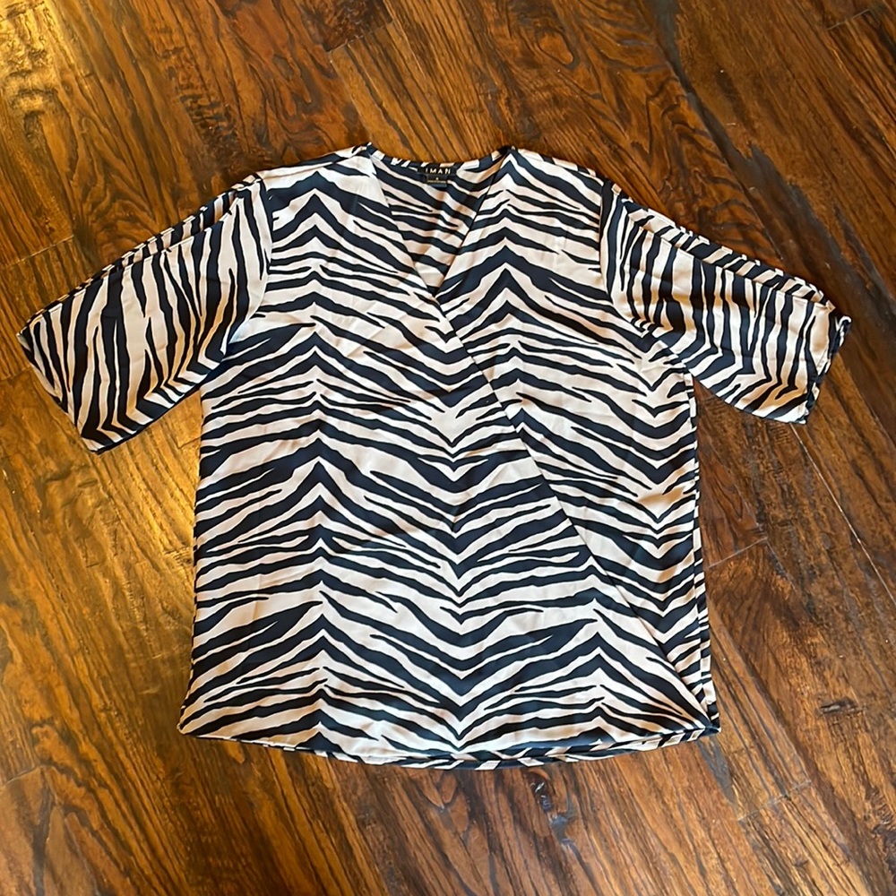 IMAN Black and Tan Animal Print Wrap Front Cold Shoulder Blouse. Like New!